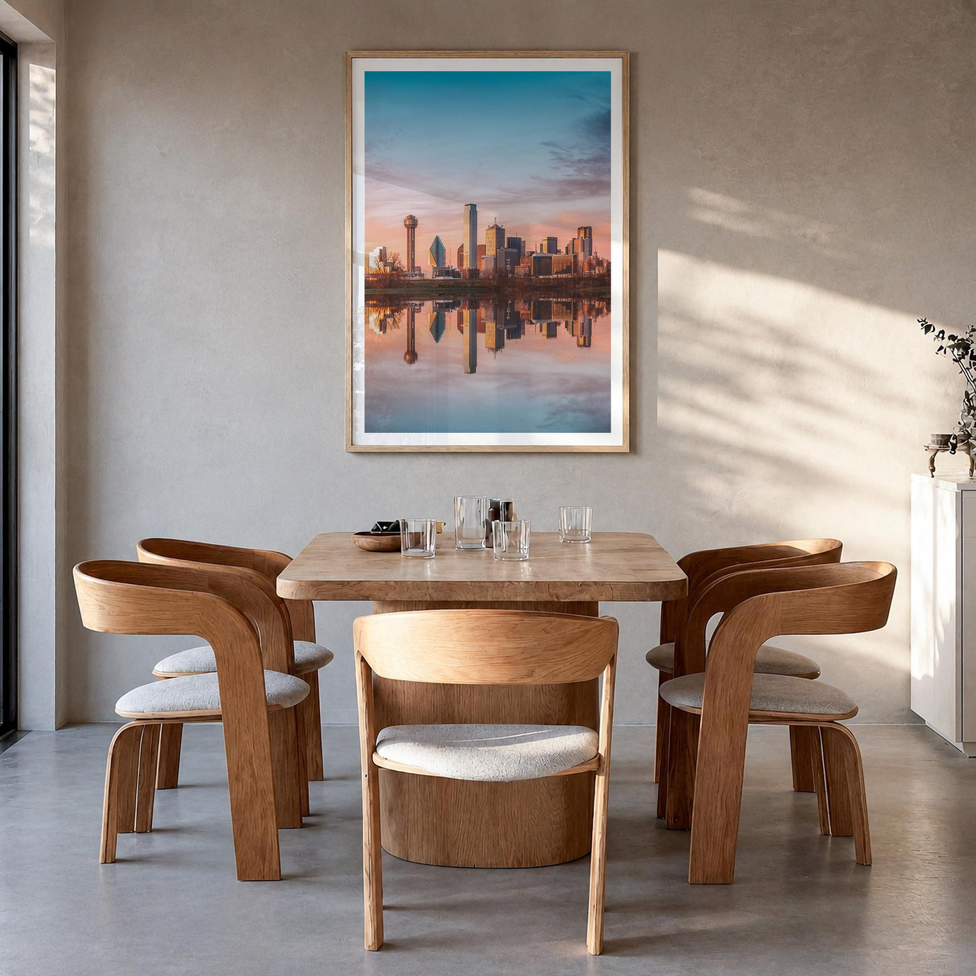 Dallas no. 2 colorful photo poster of Texas, USA – vertical wall art in natural wood frame with white border, hanging on wall