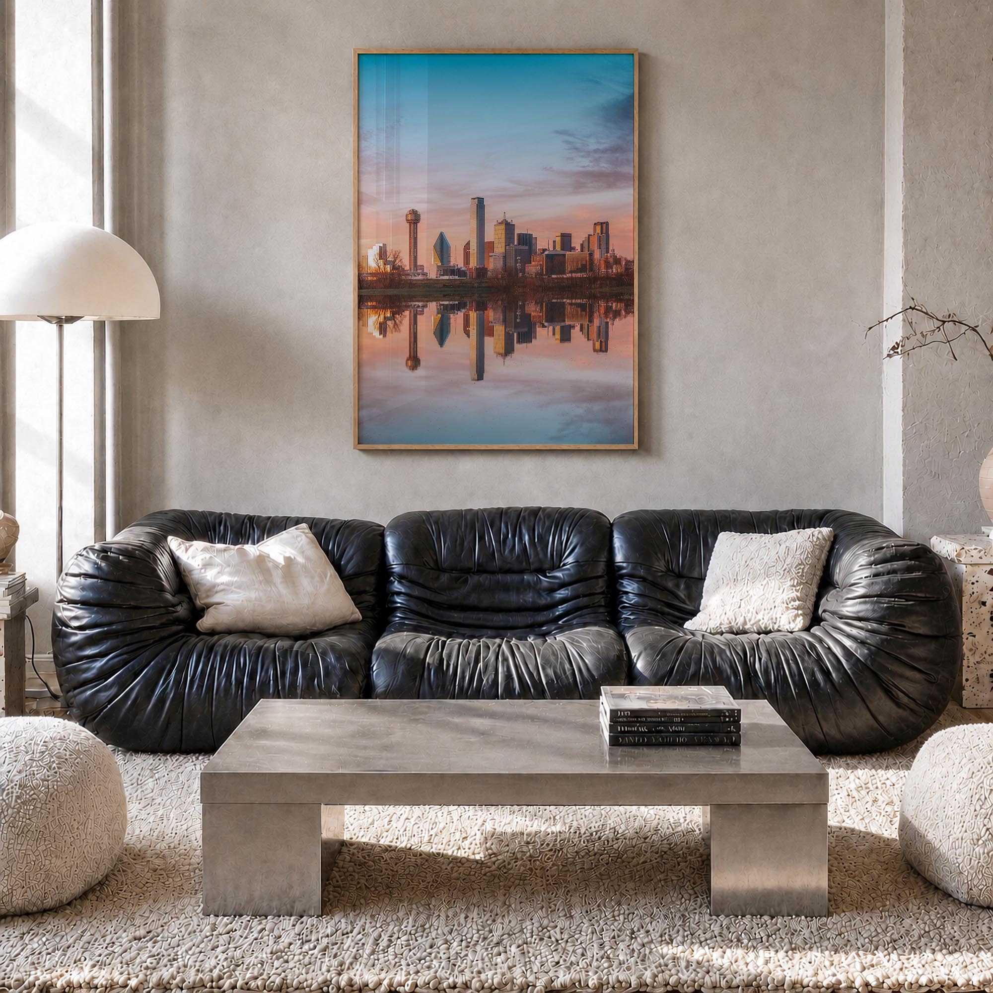 Dallas no. 2 colorful photo poster of Texas, USA – vertical wall art in natural wood frame, hanging on wall