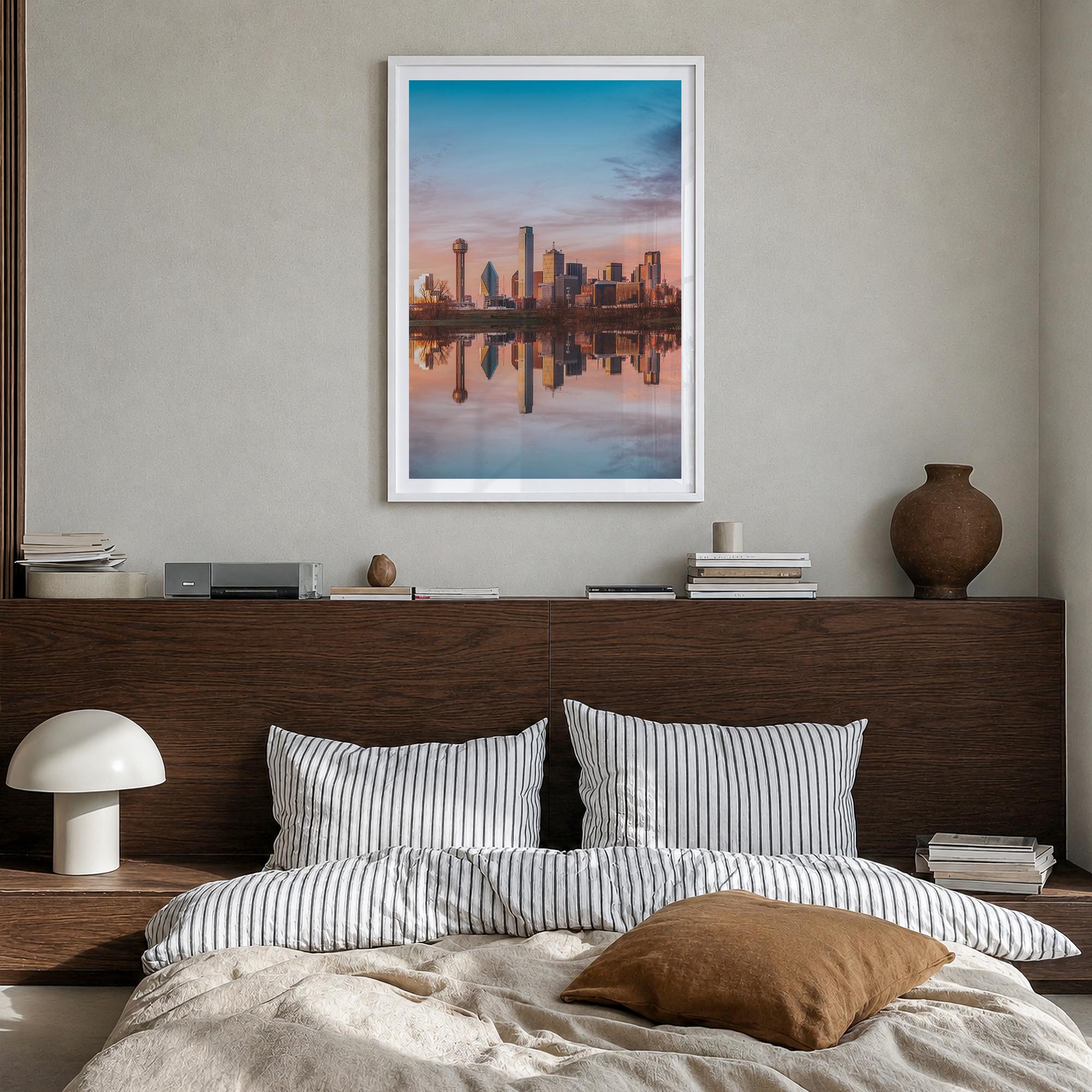 Dallas no. 2 colorful photo poster of Texas, USA – vertical wall art in white wood frame with white border, hanging on wall