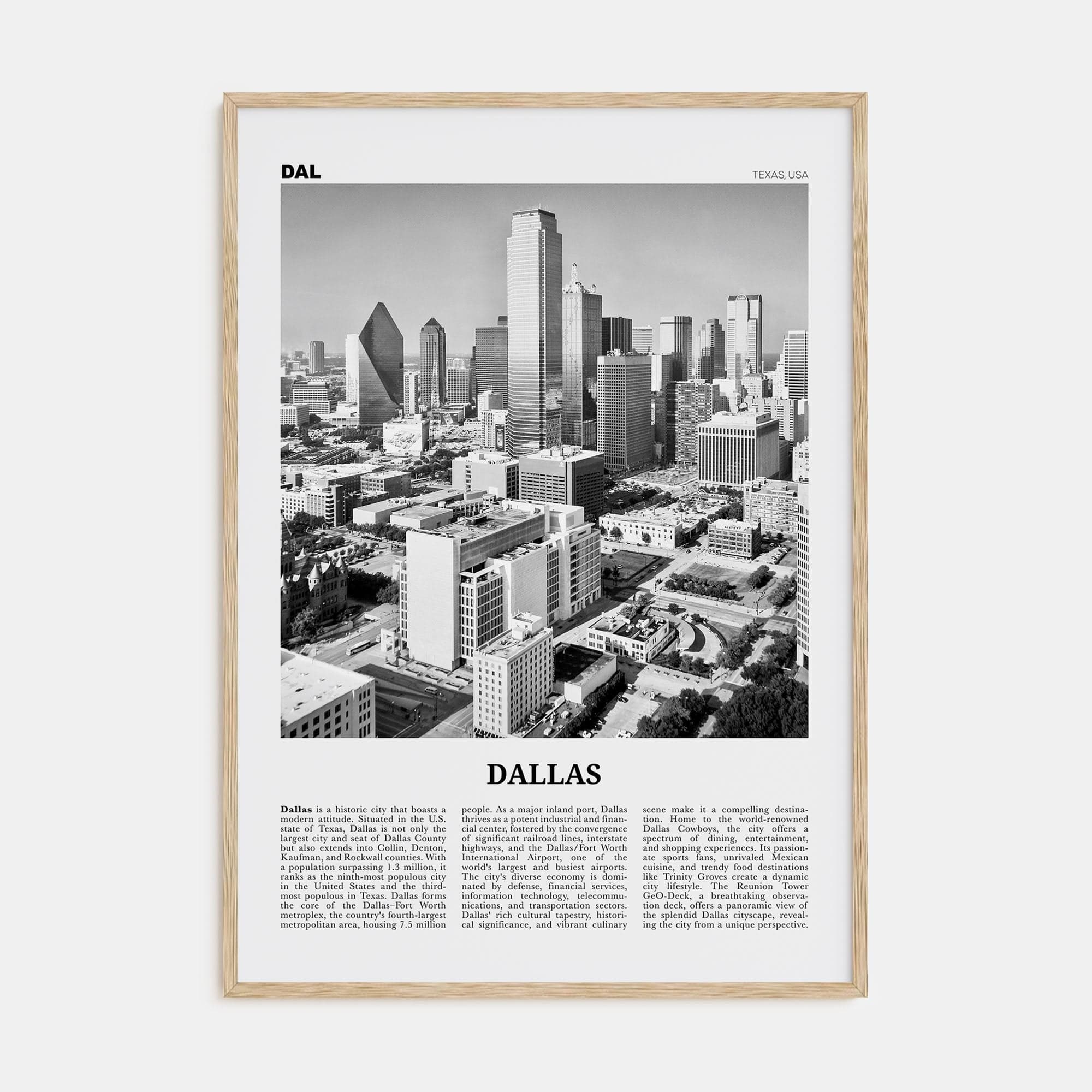 Dallas No 2 Poster Natural Wood / 8x12 in Nbourhood Travel B&W Poster