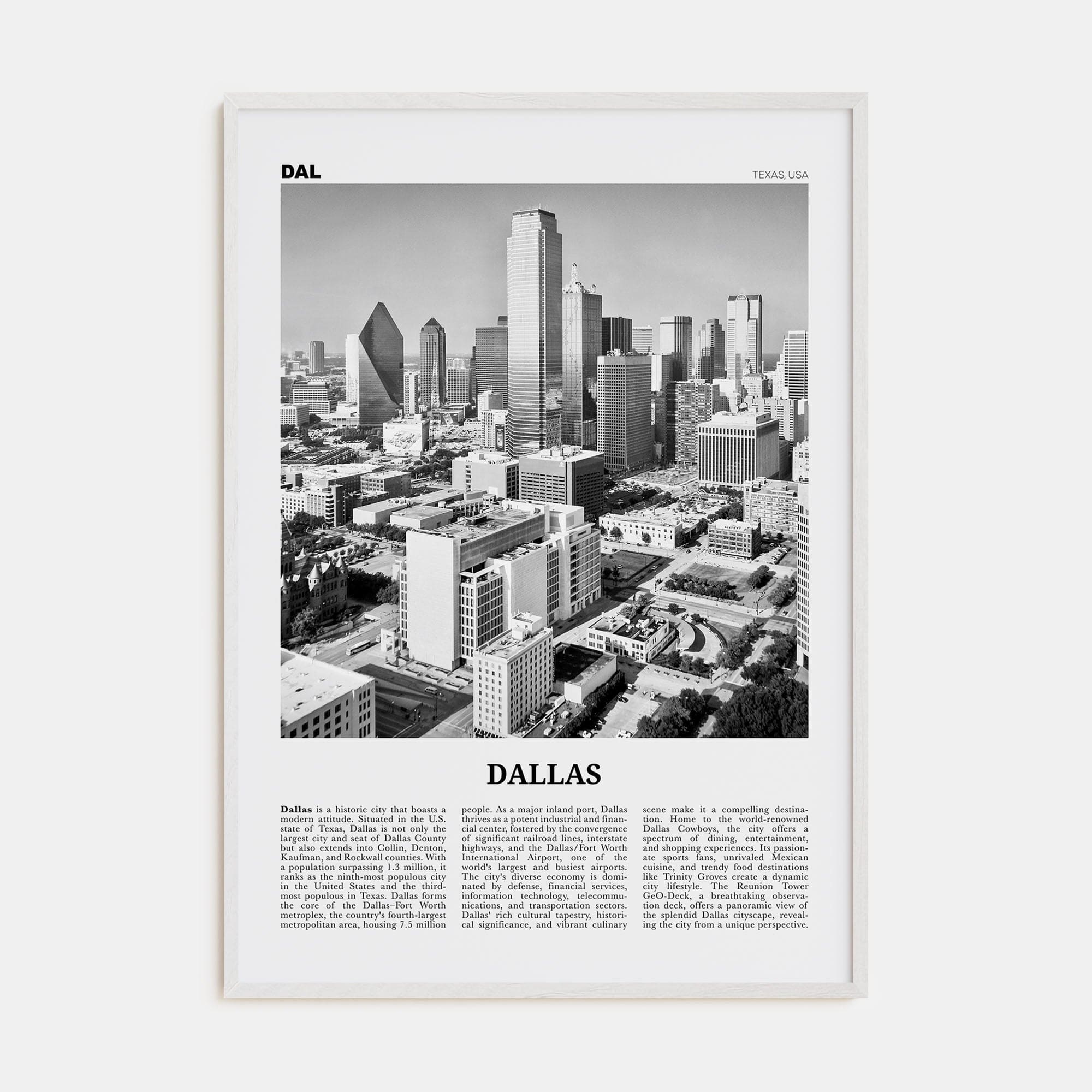 Dallas No 2 Poster White Wood / 8x12 in Nbourhood Travel B&W Poster