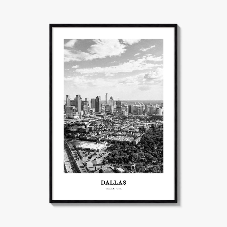 Dallas no. 3 black & white classic poster of Texas, USA – vertical wall art, unframed print shown in interior mockup
