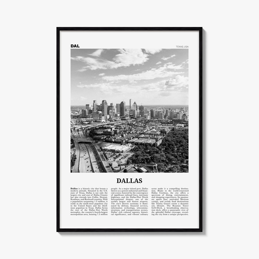 Dallas no. 3 black & white newspaper poster of Texas, USA – vertical wall art, unframed print shown in interior mockup