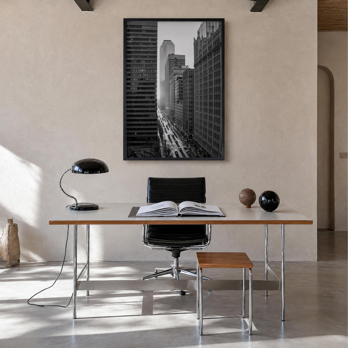 Dallas no. 3 black & white photo poster of Texas, USA – vertical wall art in black wood frame, hanging on wall
