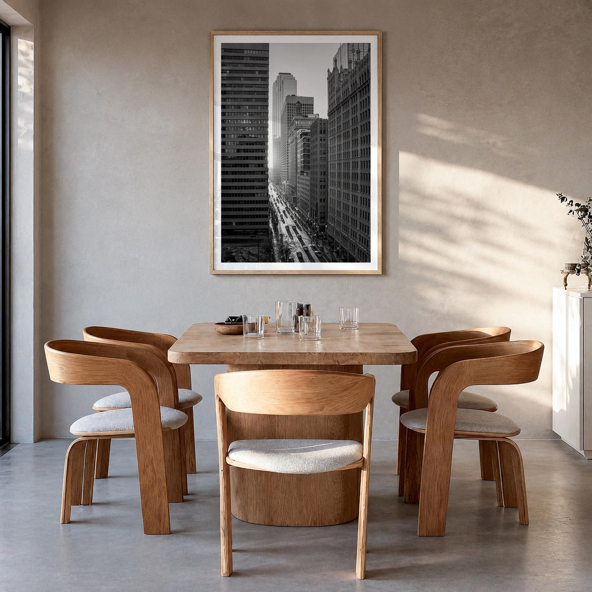 Dallas no. 3 black & white photo poster of Texas, USA – vertical wall art in natural wood frame with white border, hanging on