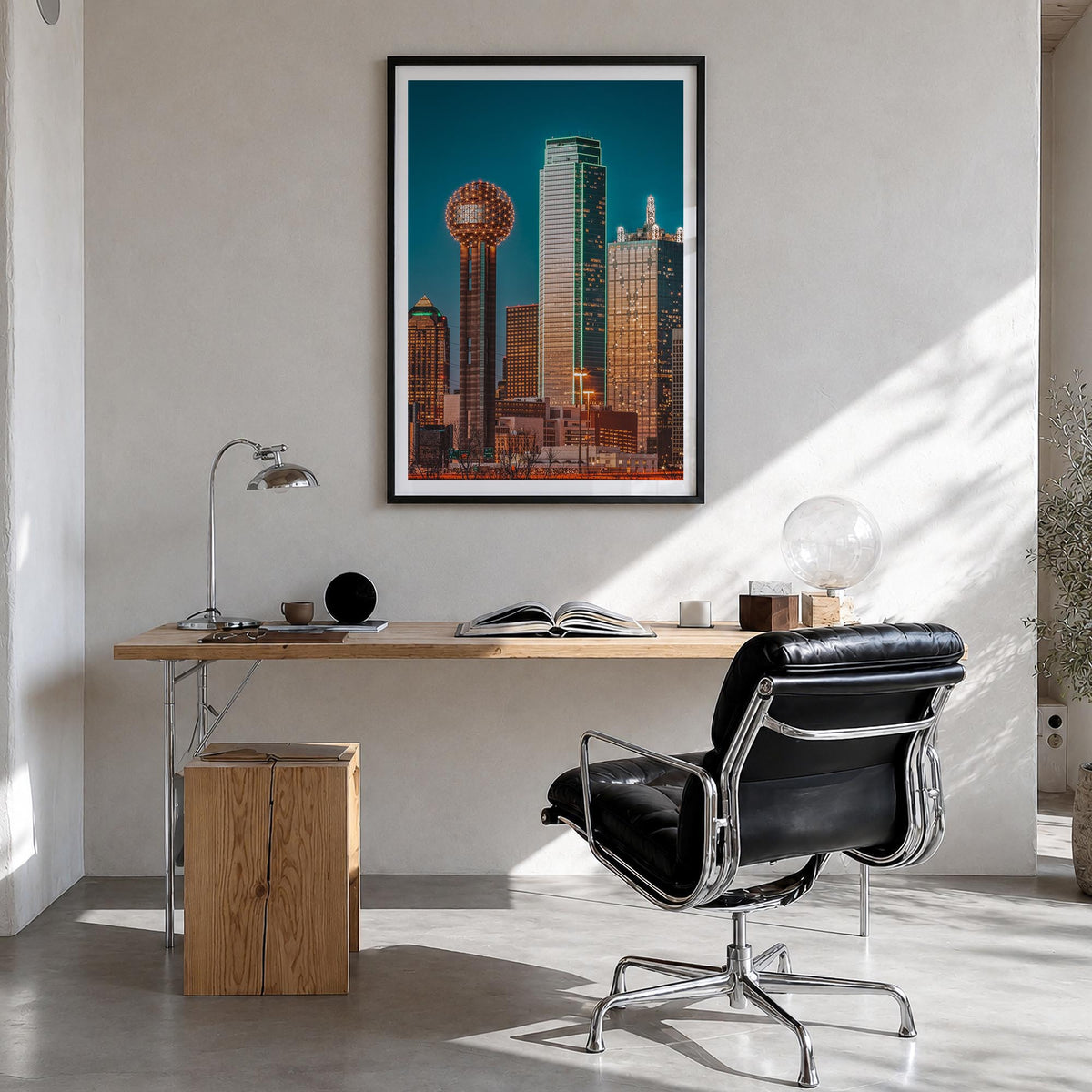 Dallas no. 3 colorful photo poster of Texas, USA – vertical wall art in black wood frame with white border, hanging on wall