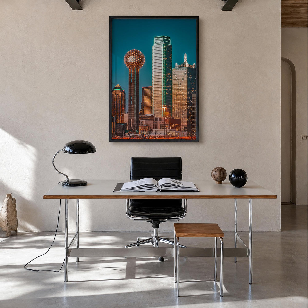 Dallas no. 3 colorful photo poster of Texas, USA – vertical wall art in black wood frame, hanging on wall
