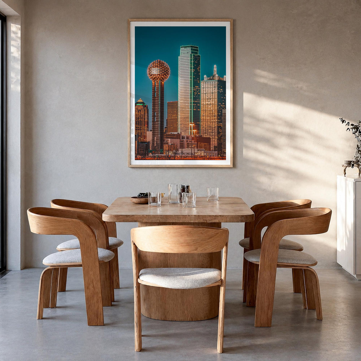 Dallas no. 3 colorful photo poster of Texas, USA – vertical wall art in natural wood frame with white border, hanging on wall
