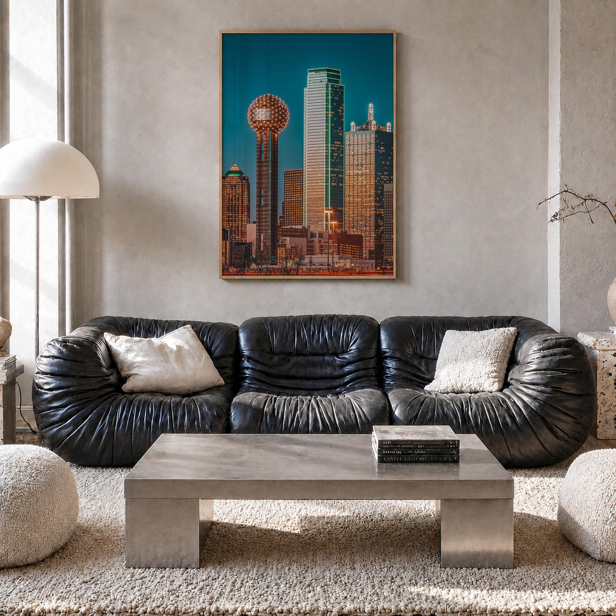 Dallas no. 3 colorful photo poster of Texas, USA – vertical wall art in natural wood frame, hanging on wall