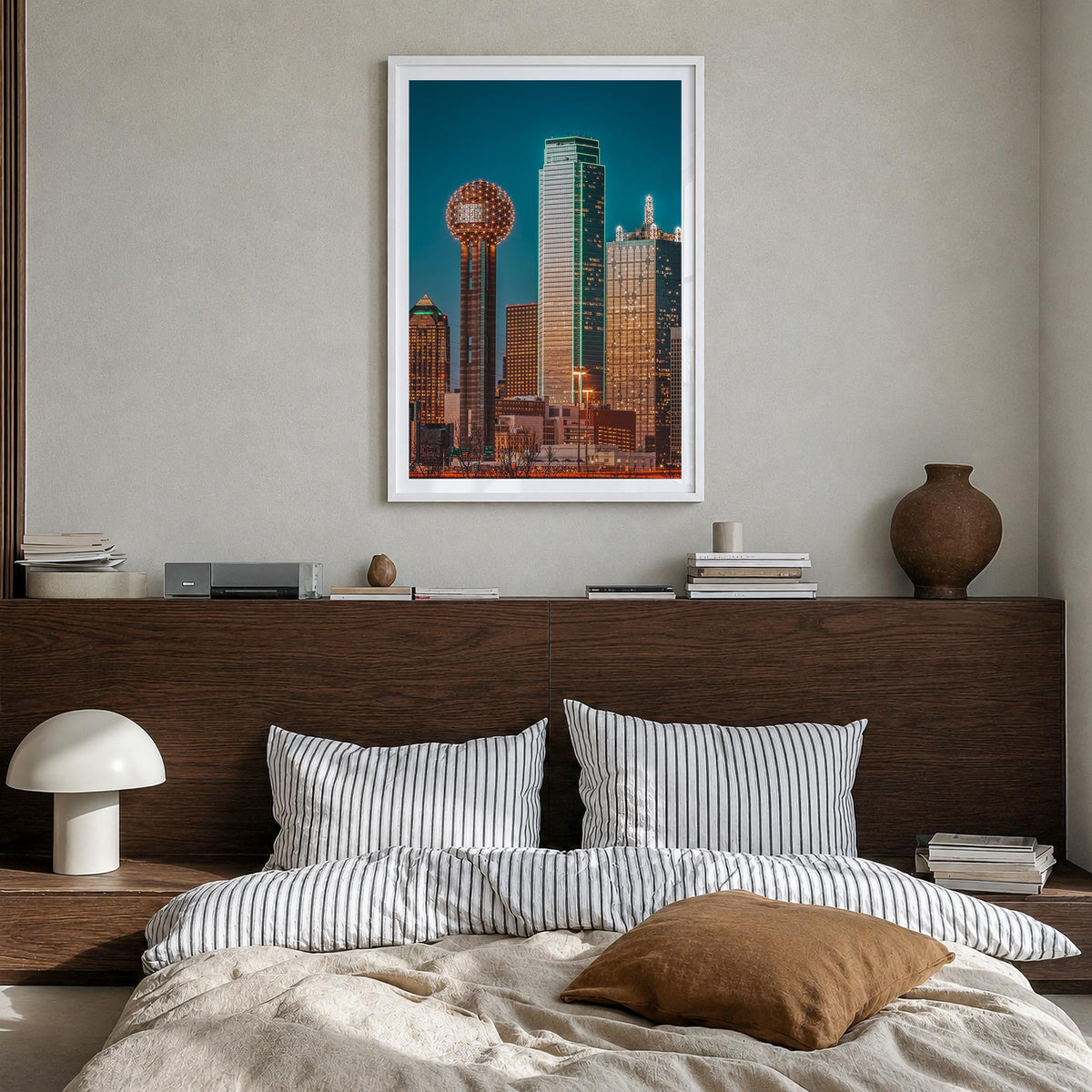 Dallas no. 3 colorful photo poster of Texas, USA – vertical wall art in white wood frame with white border, hanging on wall