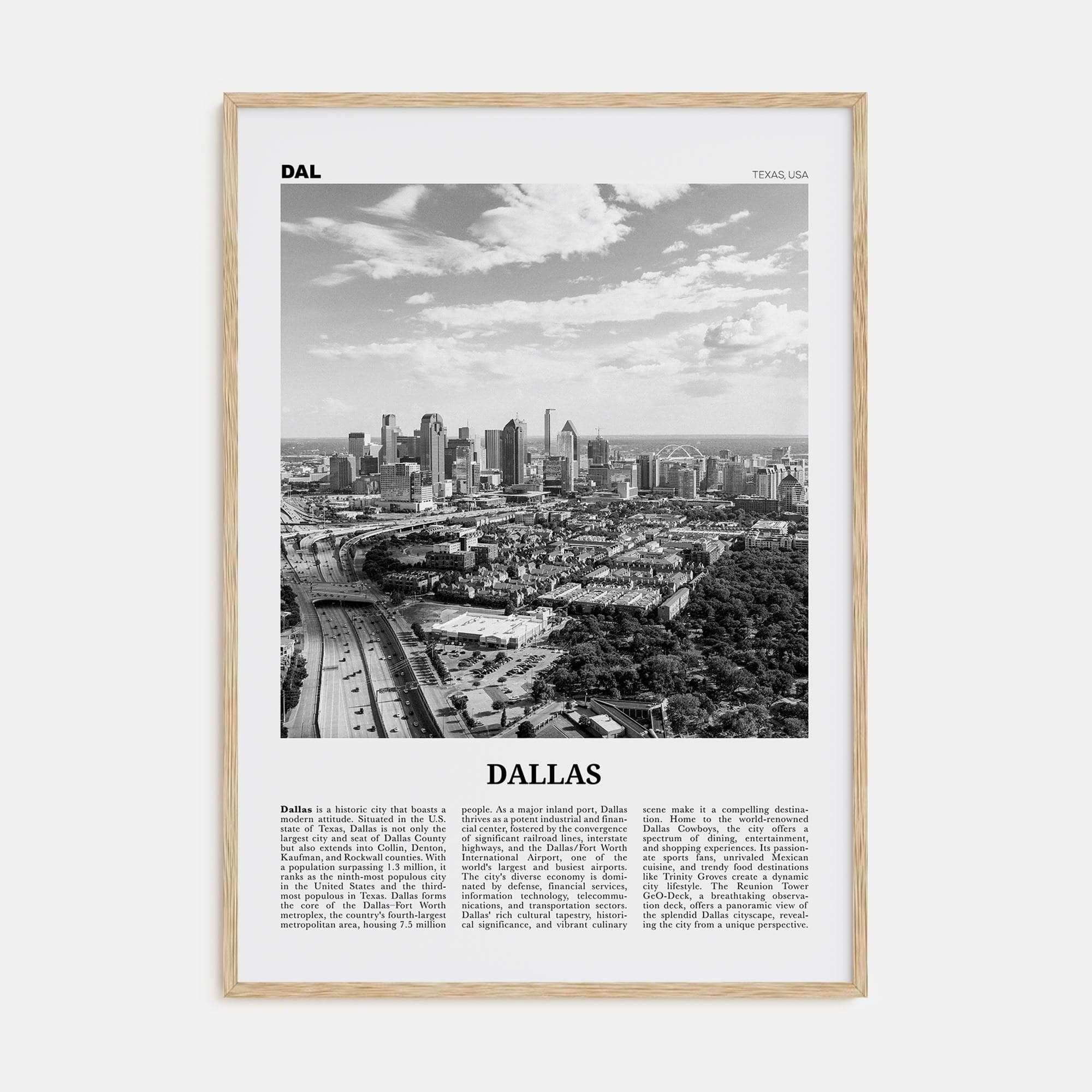 Dallas No 3 Poster Natural Wood / 8x12 in Nbourhood Travel B&W Poster