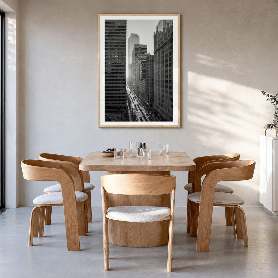 Dallas Photo No 3 Poster in a natural wood frame, hanging in a dining room, white border
