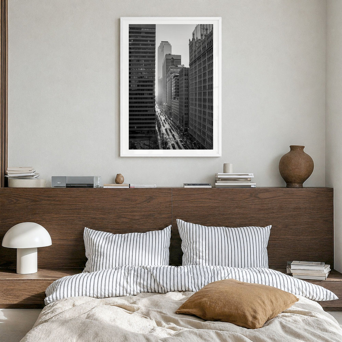 Dallas Photo No 3 Poster in a white wood frame, hanging in a bedroom, white border