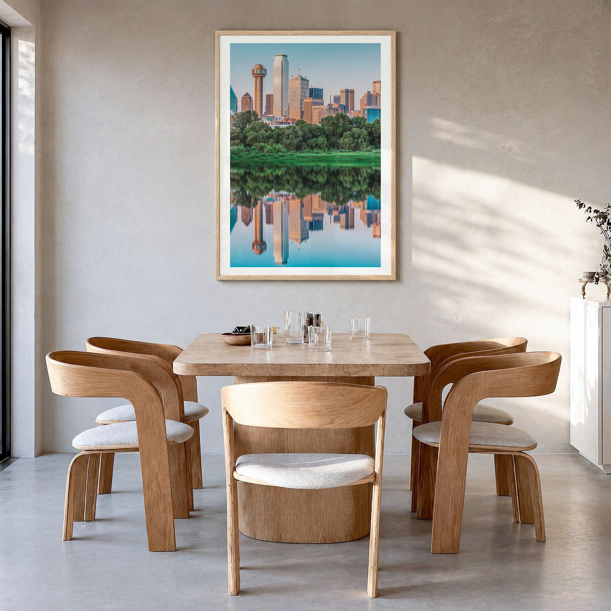 Dallas Photo No 1 Poster in a natural wood frame, hanging in a dining room, white border