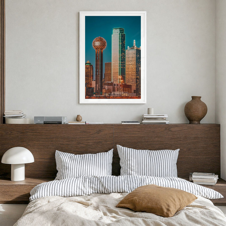 Dallas Photo No 3 Poster in a white wood frame, hanging in a bedroom, white border