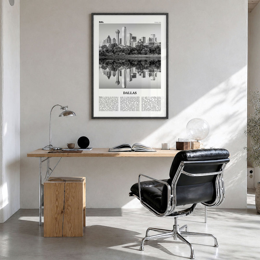 Dallas Newspaper No 1 Poster in a black wood frame, hanging in a bright home office