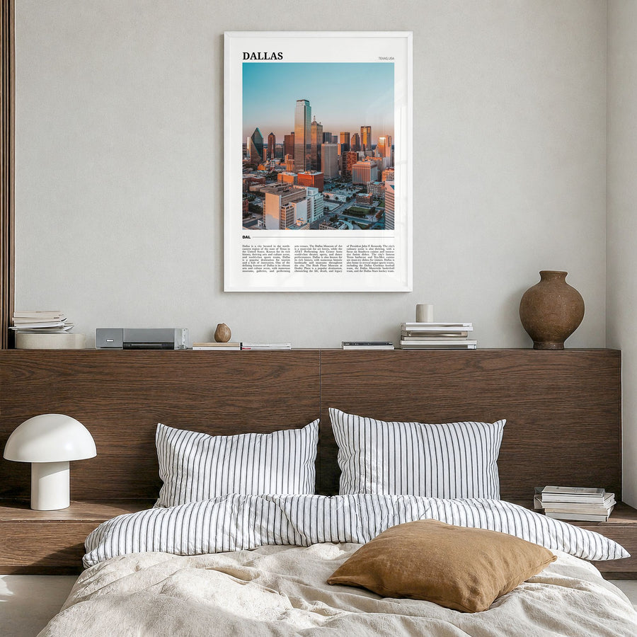 Dallas Travel No 1 Poster in a white wood frame, hanging in a bedroom