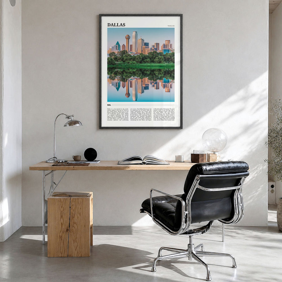 Dallas Travel No 2 Poster in a black wood frame, hanging in a bright home office