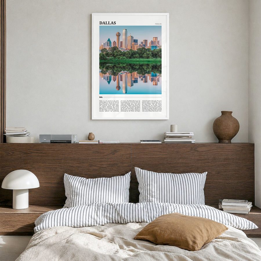 Dallas Travel No 2 Poster in a white wood frame, hanging in a bedroom