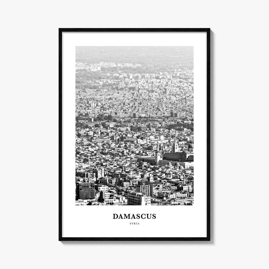 Damascus black & white classic poster of Syria – vertical wall art, unframed print shown in interior mockup
