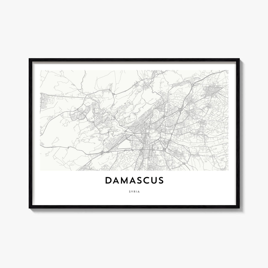 Damascus black & white map poster of Syria – horizontal wall art, unframed print shown in interior mockup