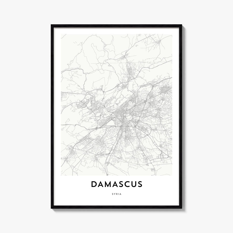 Damascus black & white map poster of Syria – vertical wall art, unframed print shown in interior mockup