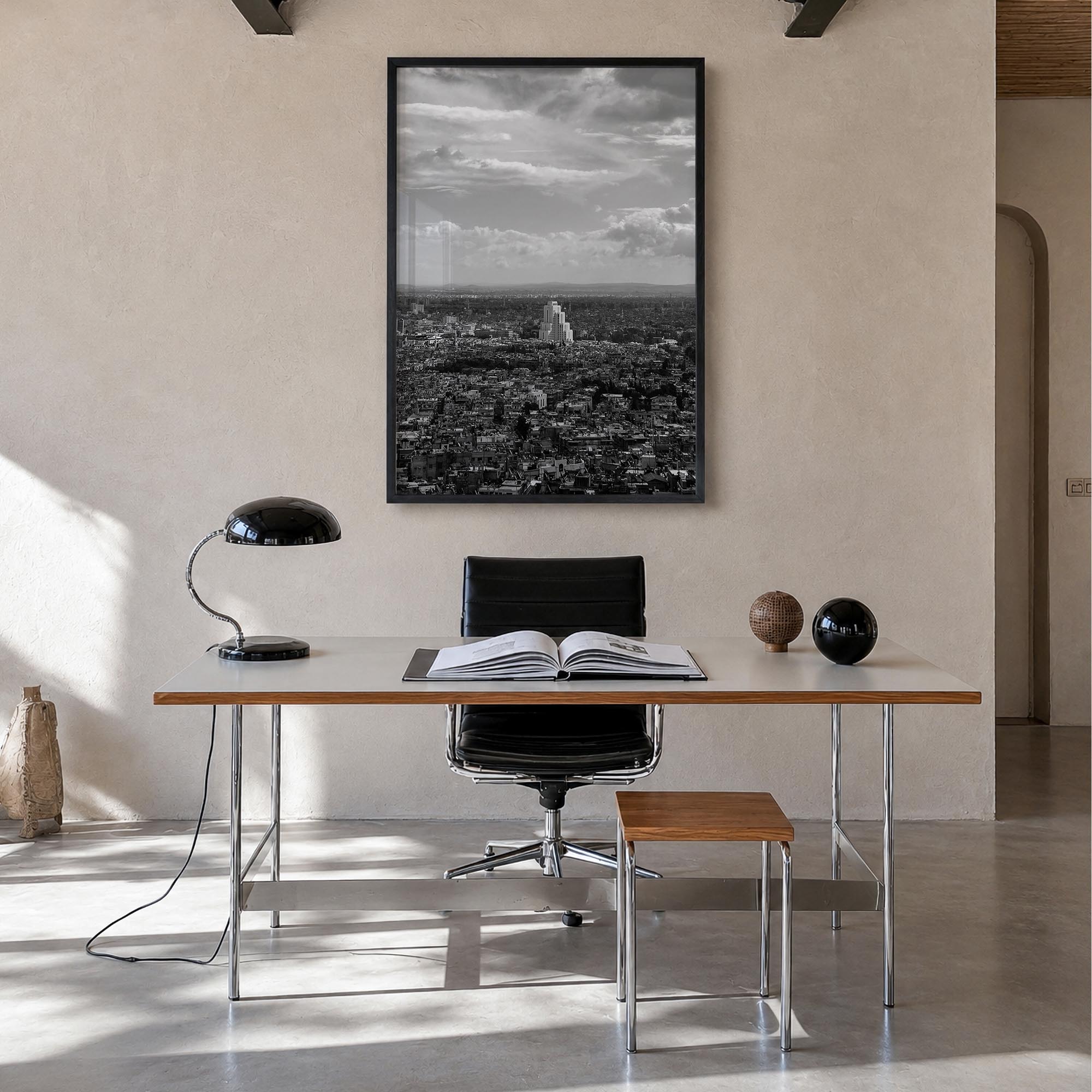 Damascus black & white photo poster of Syria – vertical wall art in black wood frame, hanging on wall