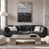 Damascus black & white photo poster of Syria – vertical wall art in natural wood frame, hanging on wall