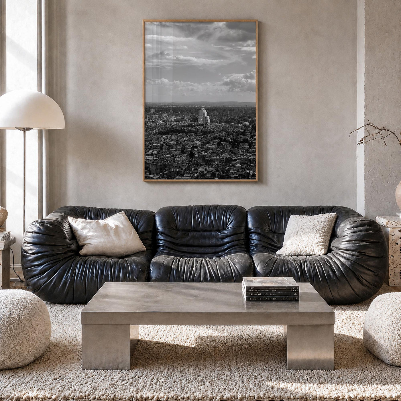 Damascus black & white photo poster of Syria – vertical wall art in natural wood frame, hanging on wall