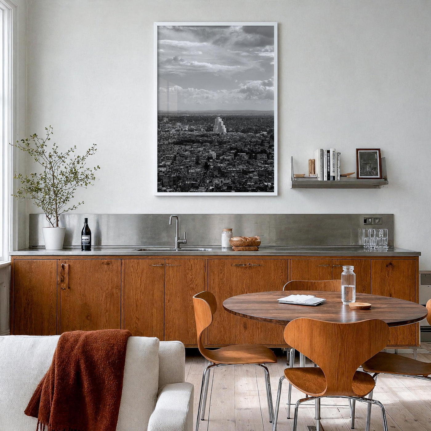 Damascus black & white photo poster of Syria – vertical wall art in white wood frame, hanging on wall