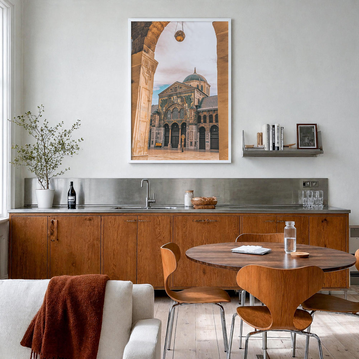 Damascus colorful photo poster of Syria – vertical wall art in white wood frame, hanging on wall