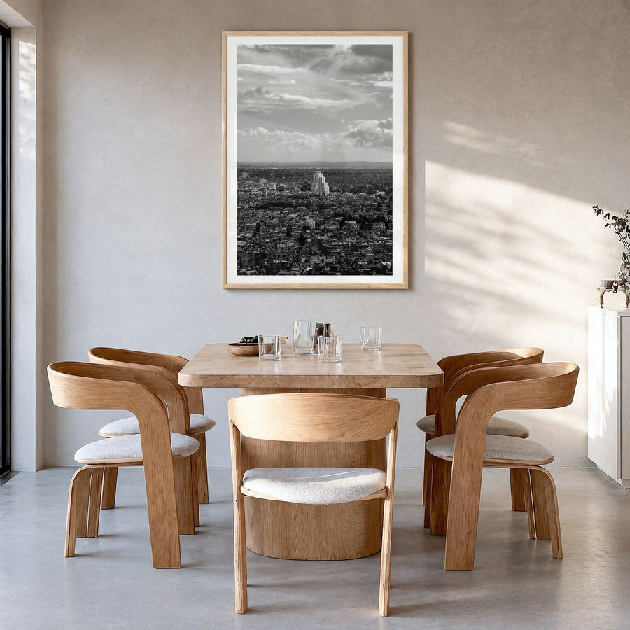Damascus Photo Poster in a natural wood frame, hanging in a dining room, white border