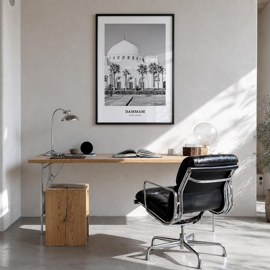 Dammam black & white classic poster of Saudi Arabia – vertical wall art in black wood frame, hanging on wall