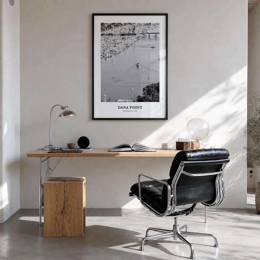 Dana Point black & white classic poster of California, USA – vertical wall art in black wood frame, hanging on wall