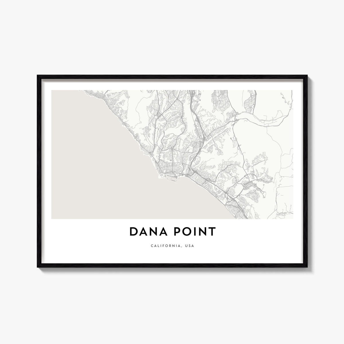 Dana Point black & white map poster of California, USA – horizontal wall art, unframed print shown in interior mockup