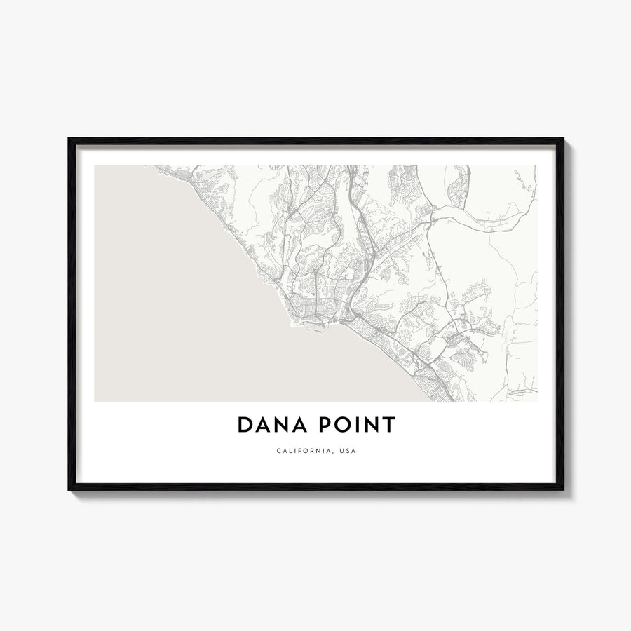 Dana Point black & white map poster of California, USA – horizontal wall art, unframed print shown in interior mockup
