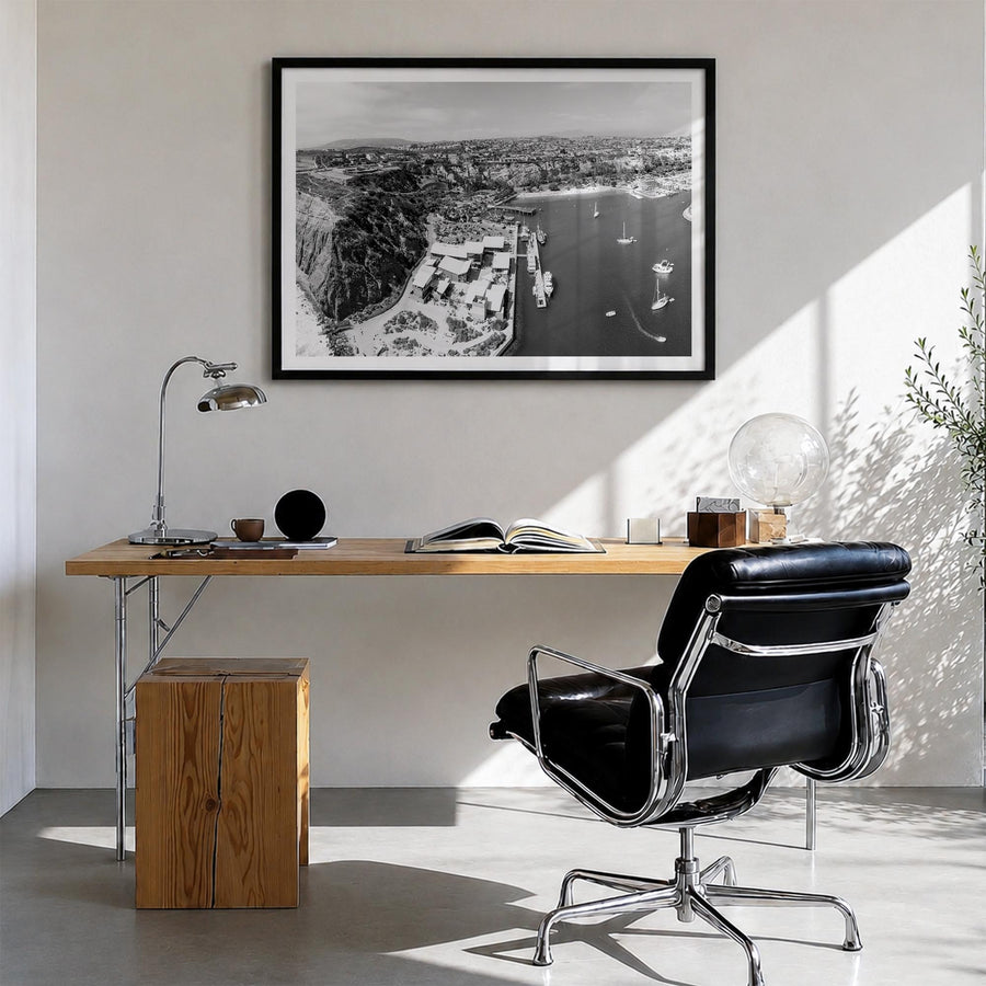 Dana Point black & white photo poster of California, USA – horizontal wall art in black wood frame with white border, hanging