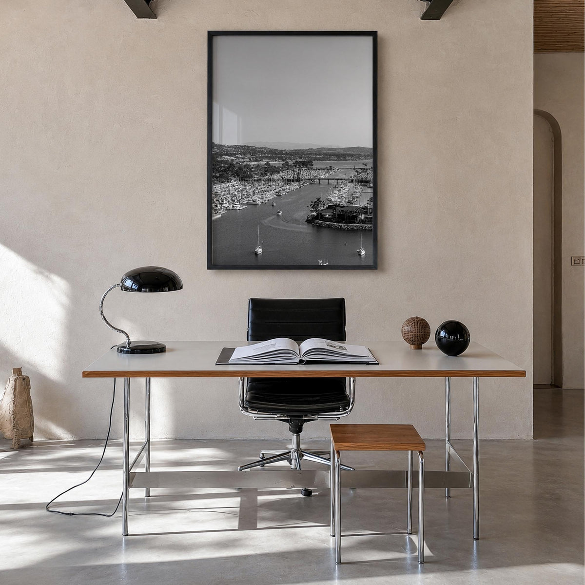 Dana Point black & white photo poster of California, USA – vertical wall art in black wood frame, hanging on wall