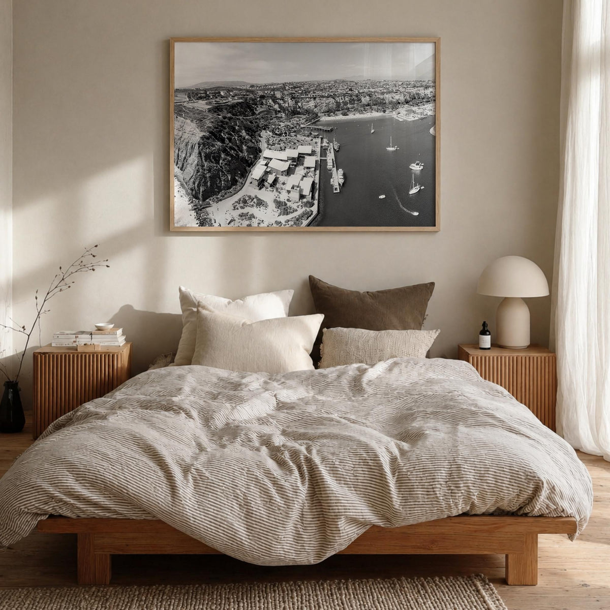 Dana Point black & white photo poster of California, USA – horizontal wall art in natural wood frame, hanging on wall
