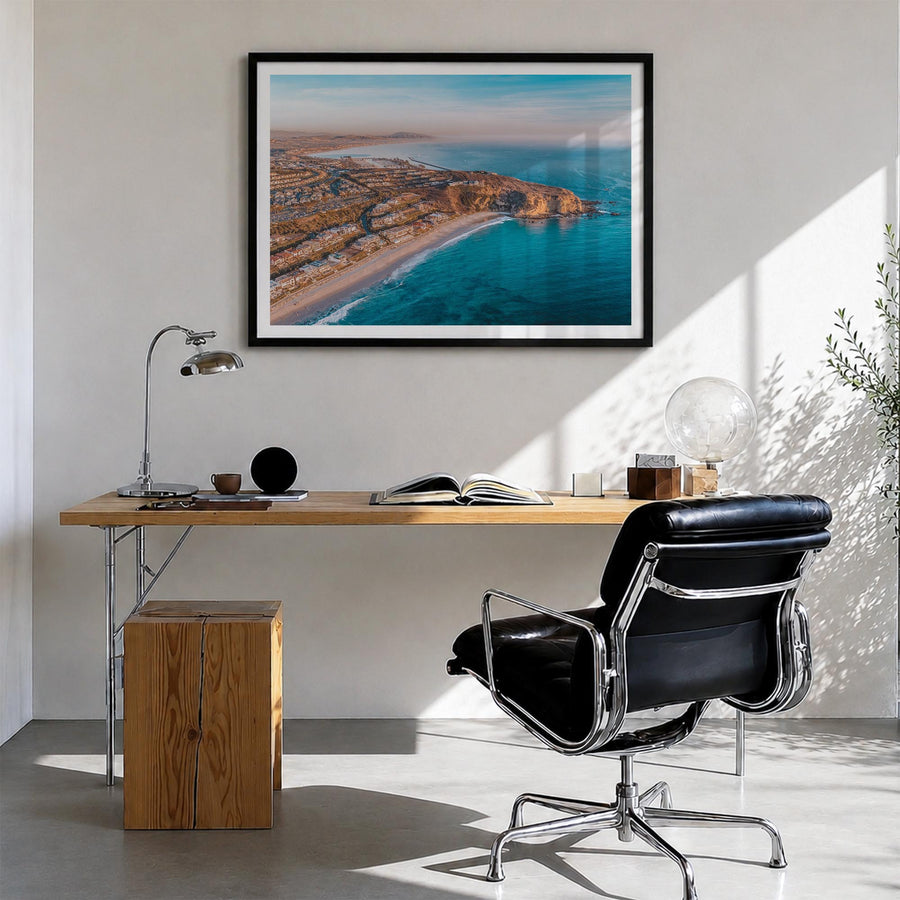 Dana Point colorful photo poster of California, USA – horizontal wall art in black wood frame with white border, hanging on w