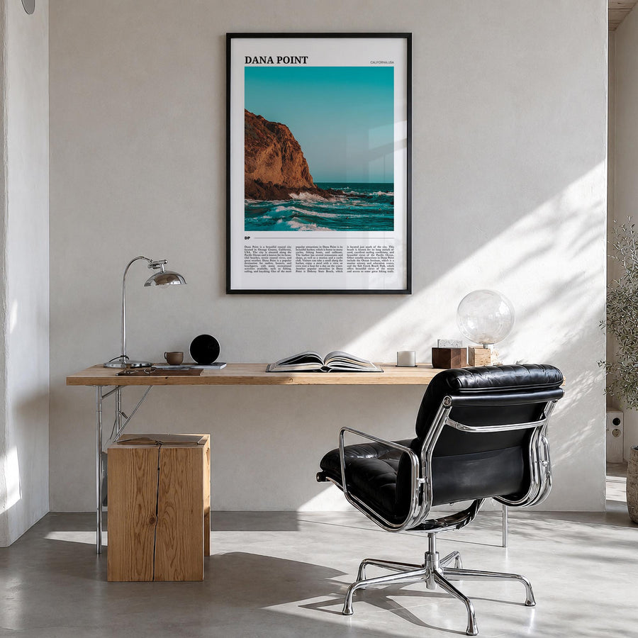 Dana Point colorful travel poster of California, USA – vertical wall art in black wood frame, hanging on wall