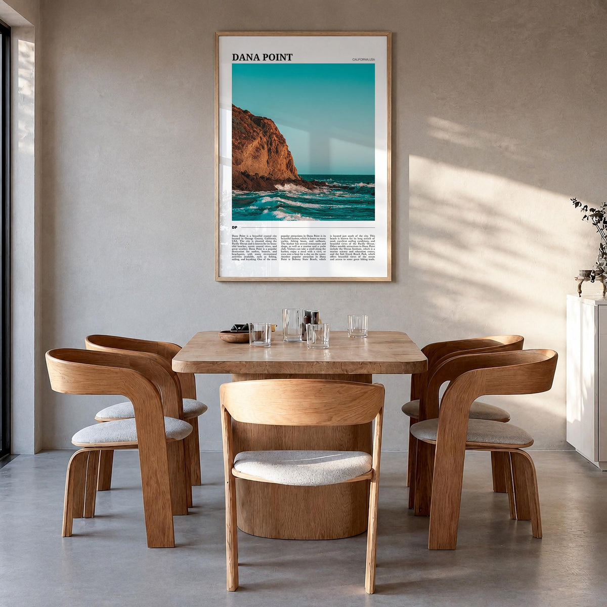 Dana Point colorful travel poster of California, USA – vertical wall art in natural wood frame, hanging on wall