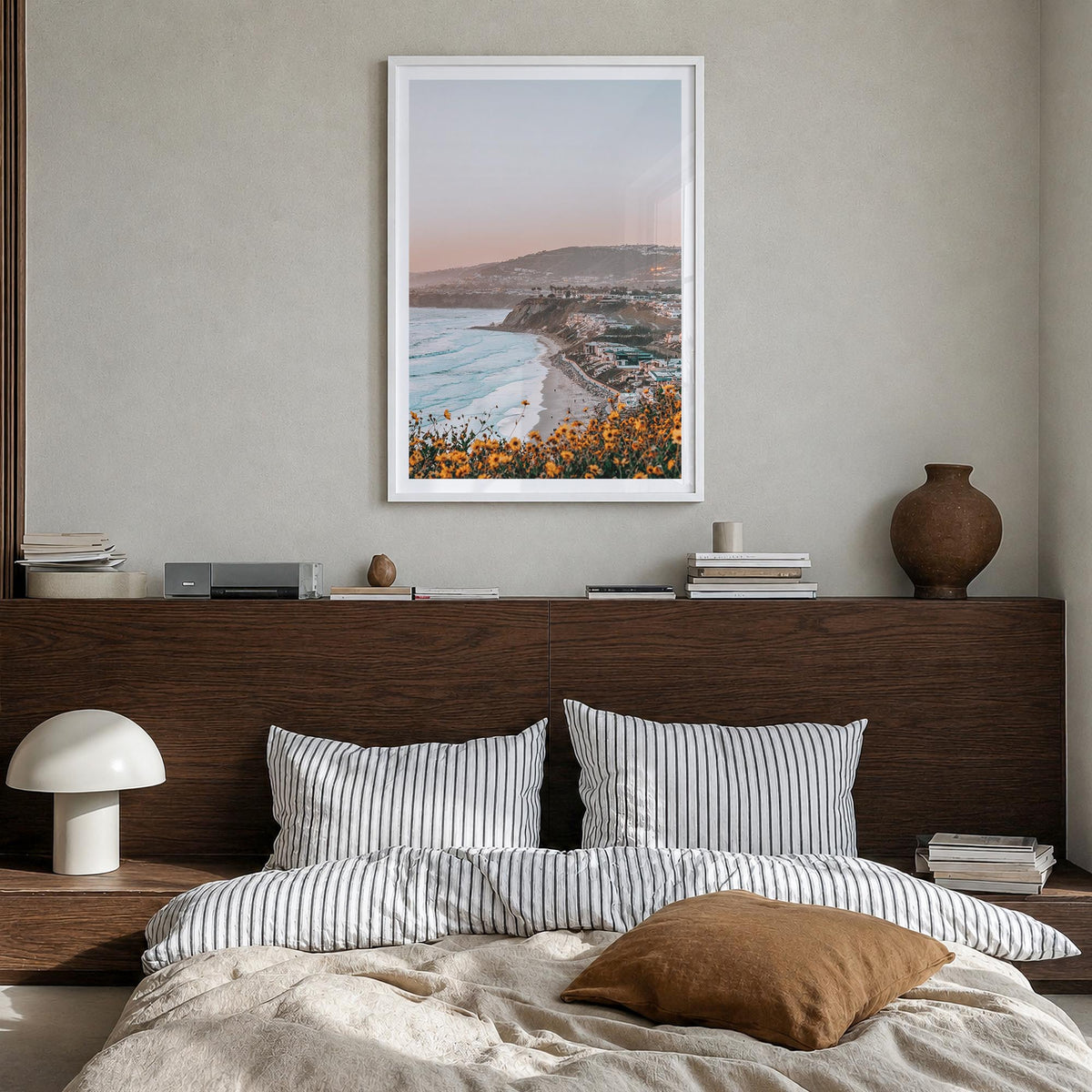 Dana Point no. 3 colorful photo poster of California, USA – vertical wall art in white wood frame with white border, hanging 