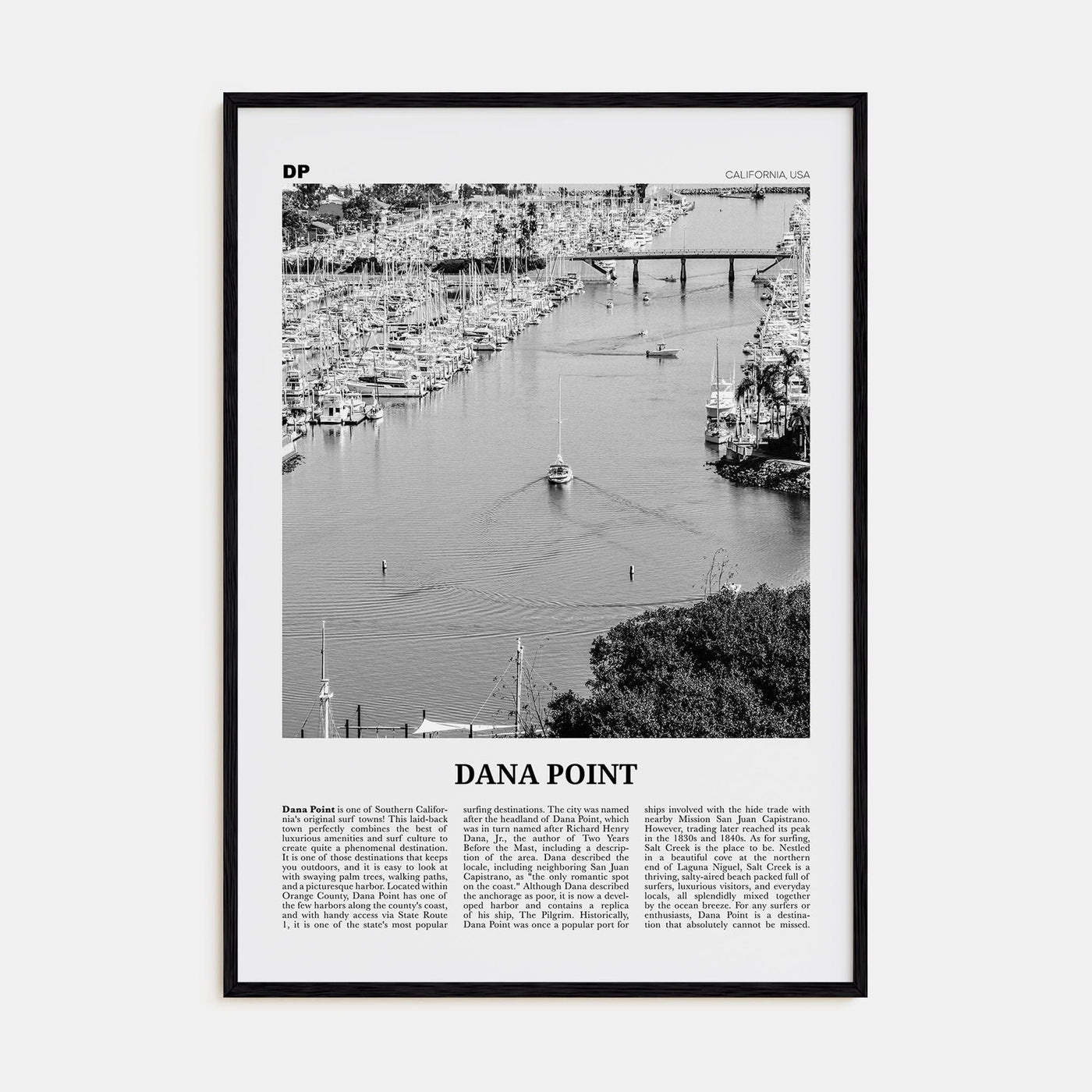 Dana Point Poster Black Wood / 8x12 in Nbourhood Travel B&W Poster