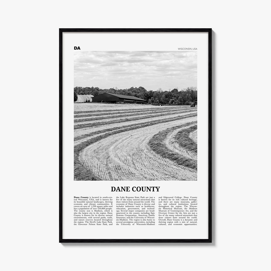 Dane County black & white newspaper poster of Wisconsin, USA – vertical wall art, unframed print shown in interior mockup