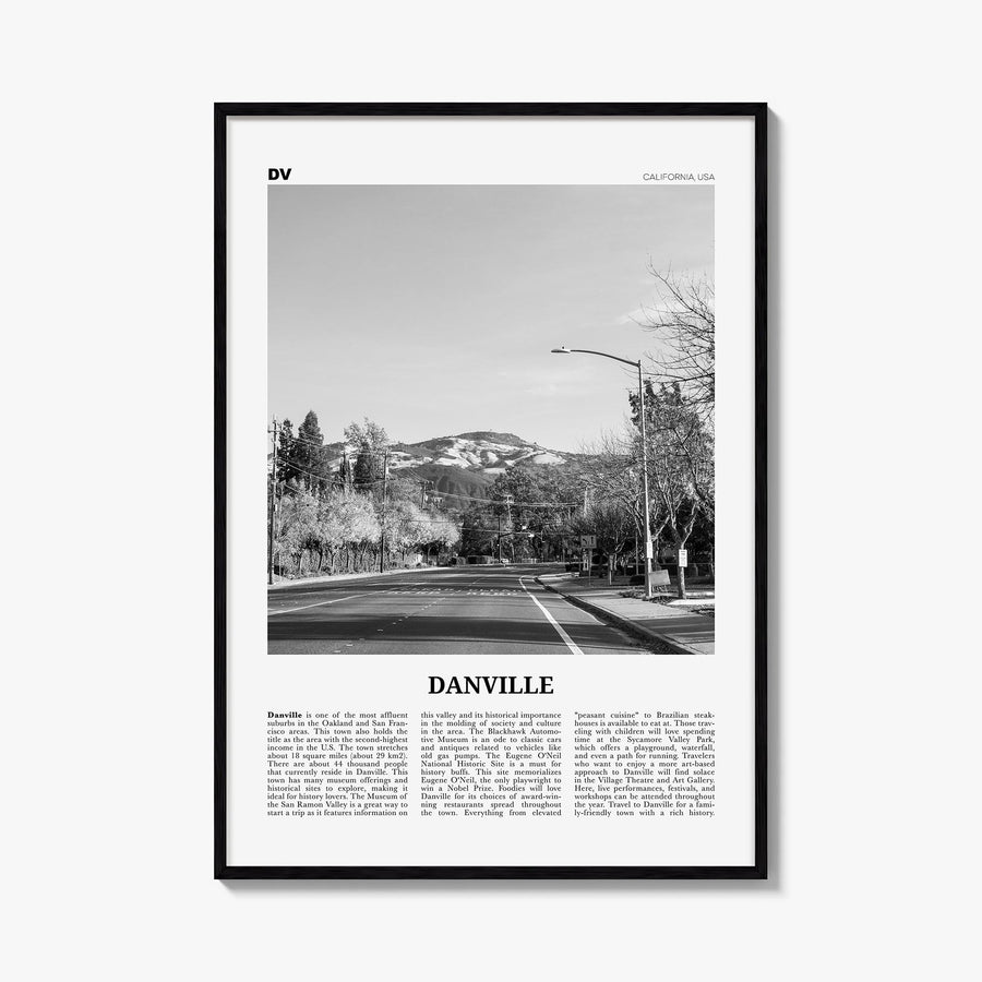 Danville, California black & white newspaper poster of California, USA – vertical wall art, unframed print shown in interior 