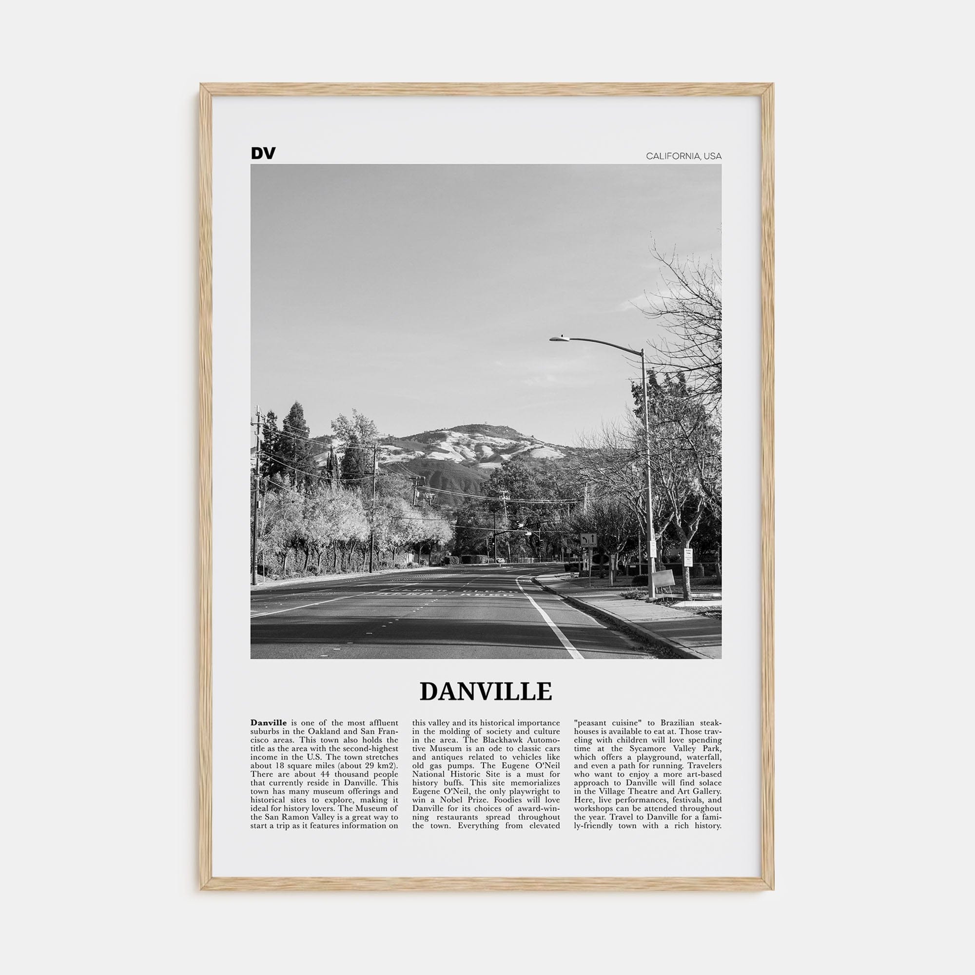 Danville, California Poster Natural Wood / 8x12 in Nbourhood Travel B&W Poster