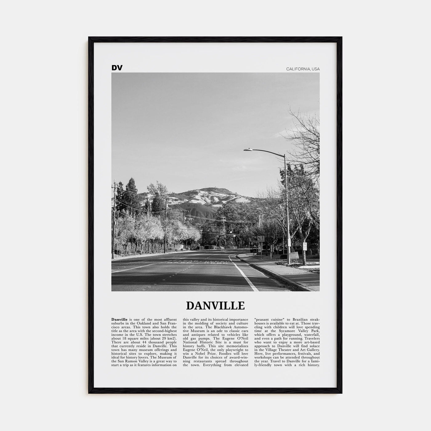 Danville, California Poster Black Wood / 8x12 in Nbourhood Travel B&W Poster