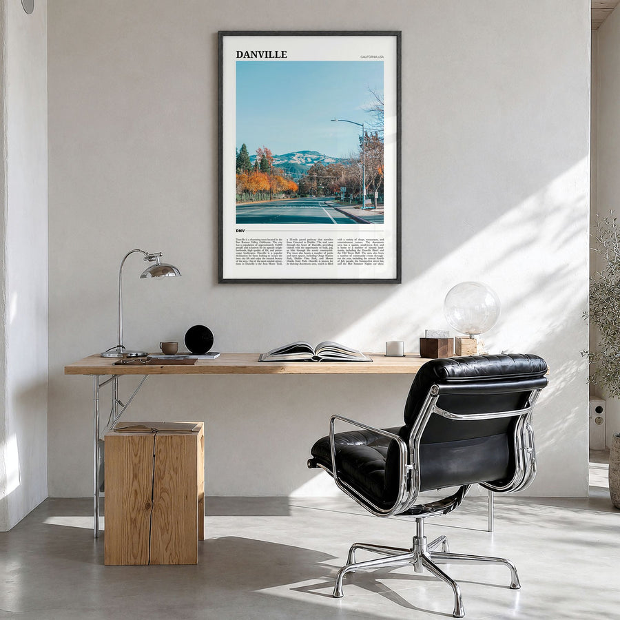 Danville, California Travel Poster in a black wood frame, hanging in a bright home office