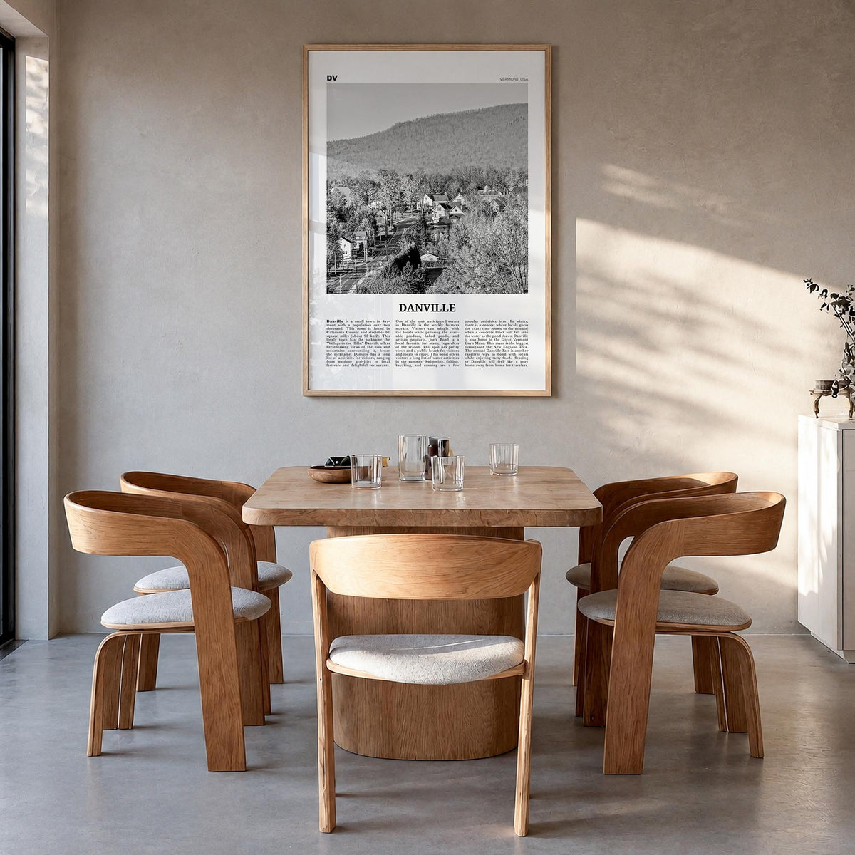 Danville, Vermont black & white newspaper poster of Vermont, USA – vertical wall art in natural wood frame, hanging on wall
